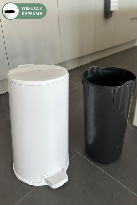 Cigo 20 LT Yumuşak Kapanan Pedallı Banyo Mutfak Ofis Çelik Çöp Kovası - Beyaz & İç Kısım Siyah - 6