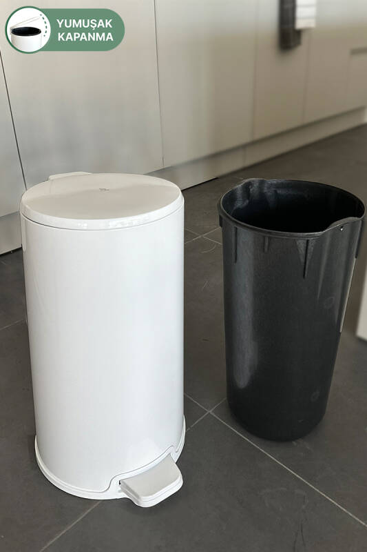Cigo 20 LT Yumuşak Kapanan Pedallı Banyo Mutfak Ofis Çelik Çöp Kovası - Beyaz & İç Kısım Siyah - 6