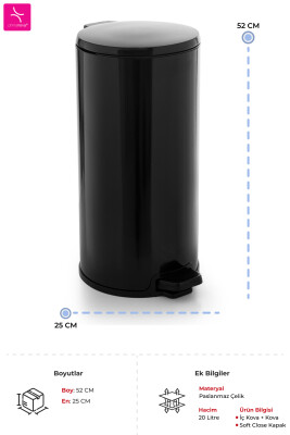 Cigo 20 LT Yumuşak Kapanan Pedallı Banyo Mutfak Ofis Çelik Çöp Kovası - Siyah & İç Kısım Siyah - 3