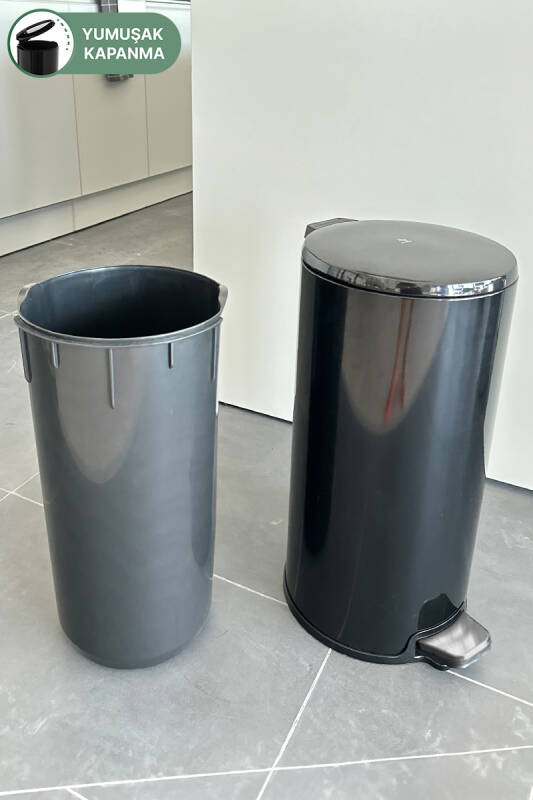 Cigo 20 LT Yumuşak Kapanan Pedallı Banyo Mutfak Ofis Çelik Çöp Kovası - Siyah & İç Kısım Siyah - 4