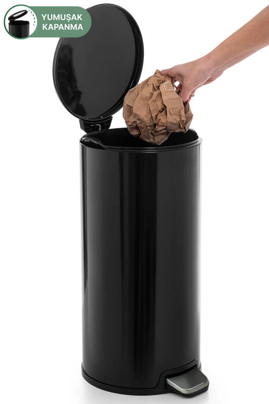 Cigo 20 LT Yumuşak Kapanan Pedallı Banyo Mutfak Ofis Çelik Çöp Kovası - Siyah & İç Kısım Siyah - 5