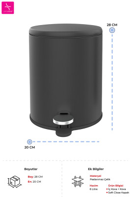 Cigo 6 LT Yumuşak Kapanan Pedallı Banyo Mutfak Ofis Çelik Çöp Kovası - Mat Siyah & İç Kısım Siyah - Primanova (1)