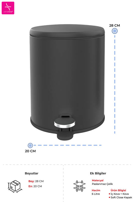 Cigo 6 LT Yumuşak Kapanan Pedallı Banyo Mutfak Ofis Çelik Çöp Kovası - Mat Siyah & İç Kısım Siyah - 2