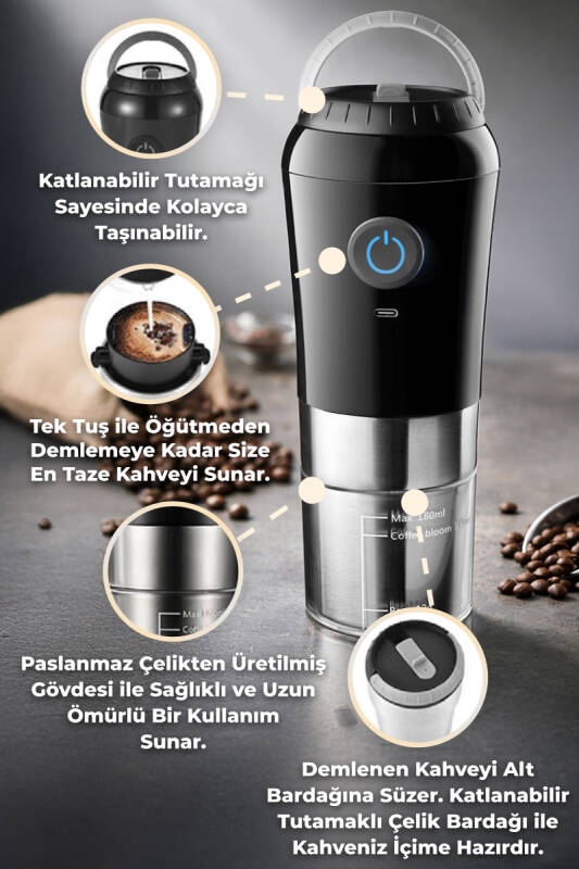 Portatif Paslanmaz Çelik Kahve Makinası Şarjlı - Siyah - 2