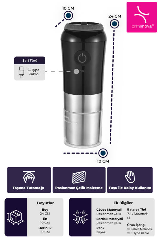 Portatif Paslanmaz Çelik Kahve Makinası Şarjlı - Siyah - 3