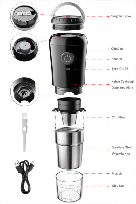 Portatif Paslanmaz Çelik Kahve Makinası Şarjlı - Siyah - 5