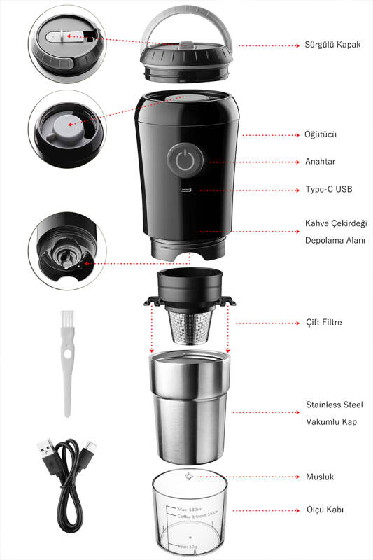 Portatif Paslanmaz Çelik Kahve Makinası Şarjlı - Siyah - 5