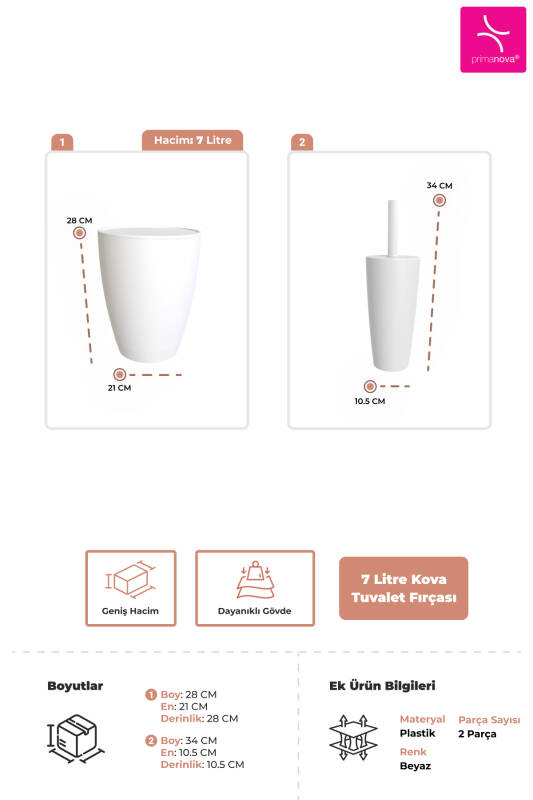 Pure 2'li Çöp Kovası + Tuvalet Fırçası Banyo Seti - Beyaz - 3