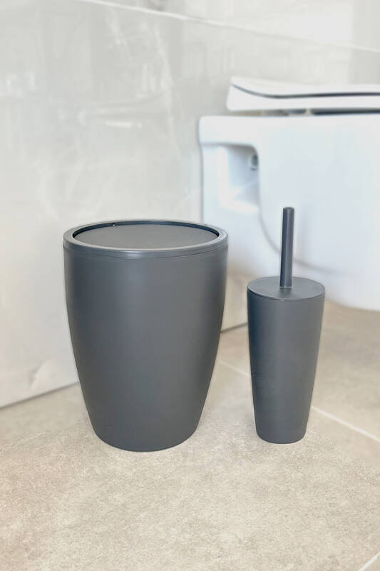 Pure 2'li Banyo Seti Çöp Kovası + Tuvalet Fırçası Gri - 1