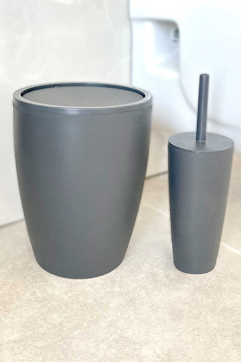 Pure 2'li Çöp Kovası + Tuvalet Fırçası Banyo Seti  - Gri