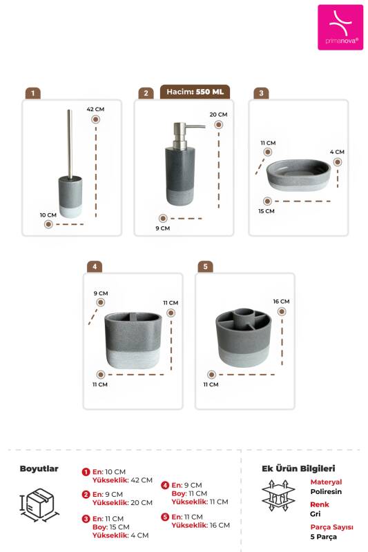 Reve Banyo Seti 5 Parça - Gri - 3